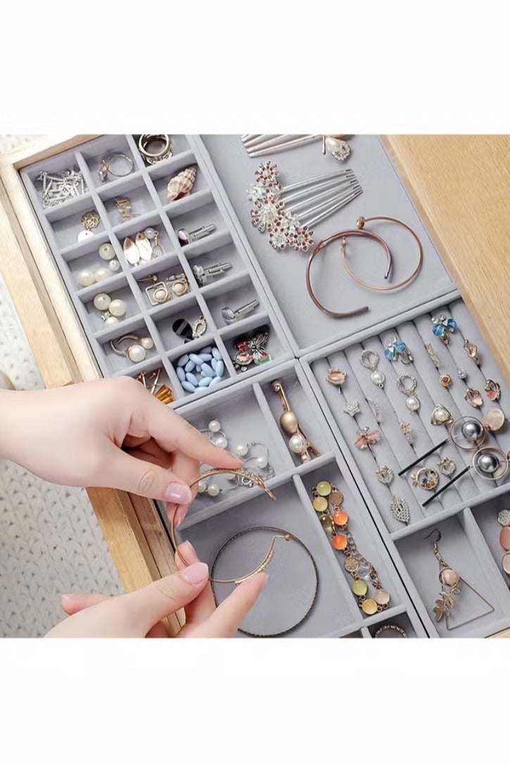 Y&D Set of 4 Stackable Jewelry Organizer Trays for Drawers, Jewelry Drawer Inserts with Removable Dividers, Velvet Jewelry Container Display Case Storage for Earring Necklace Rings Bracelet, Grey - Image 3