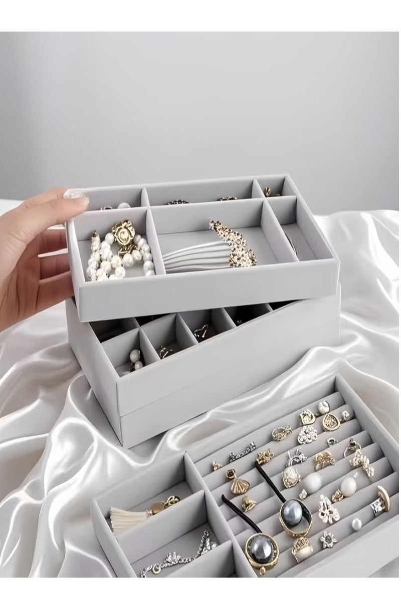 Y&D Set of 4 Stackable Jewelry Organizer Trays for Drawers, Jewelry Drawer Inserts with Removable Dividers, Velvet Jewelry Container Display Case Storage for Earring Necklace Rings Bracelet, Grey - Image 1