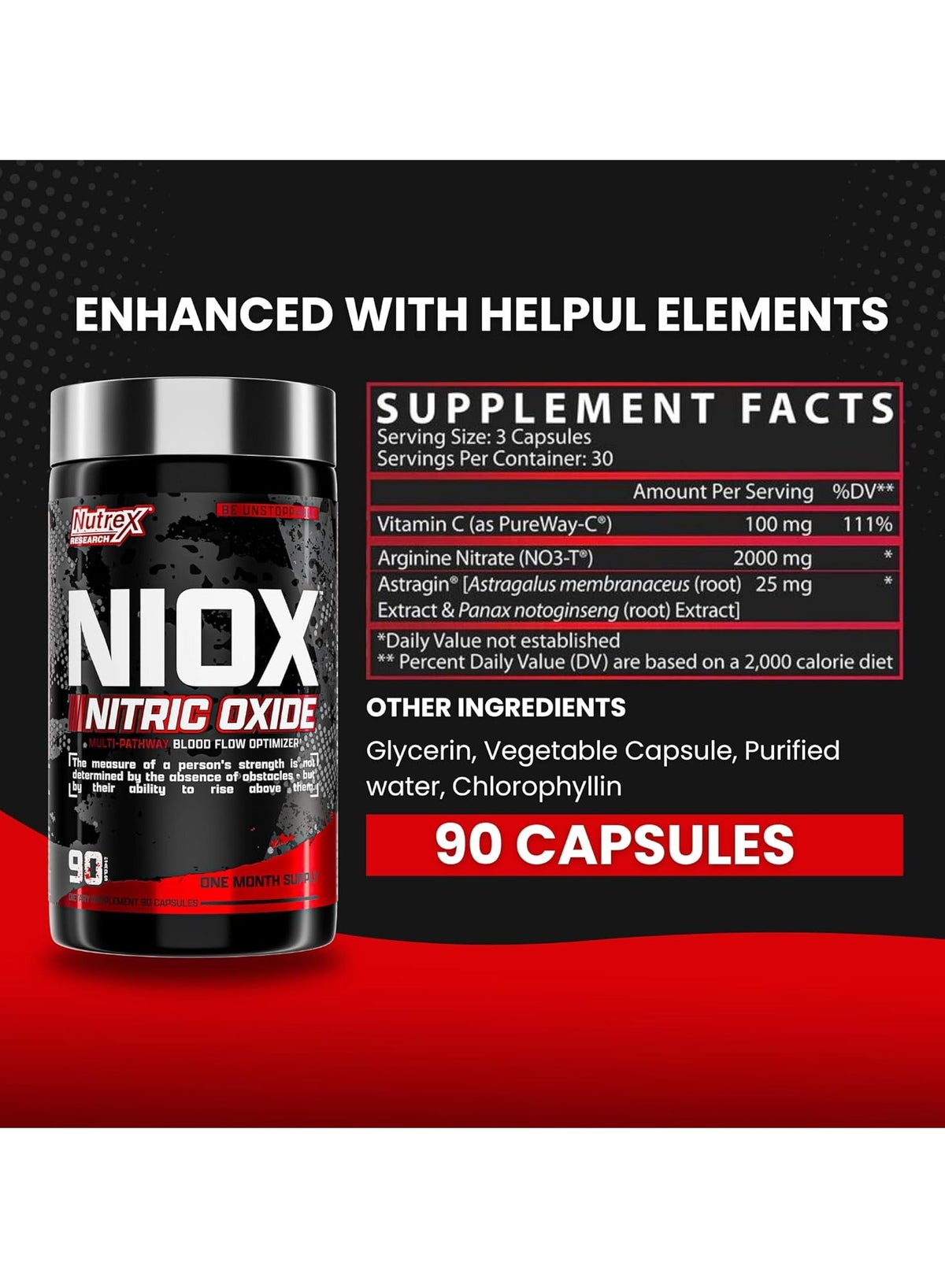 Nutrex Niox Nitric Oxide Pump Booster | 2000Mg Arginine Nitrate + Astragin | Muscle Pumps + Vascularity | 90 Capsules | One Month Supply