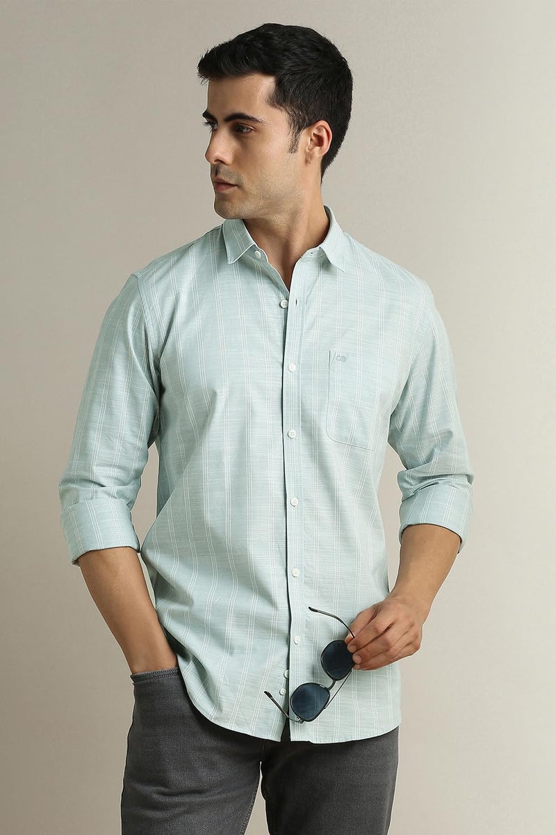 Peter England Men Light Blue Stripe Full Sleeves Casual Shirt - Image 2