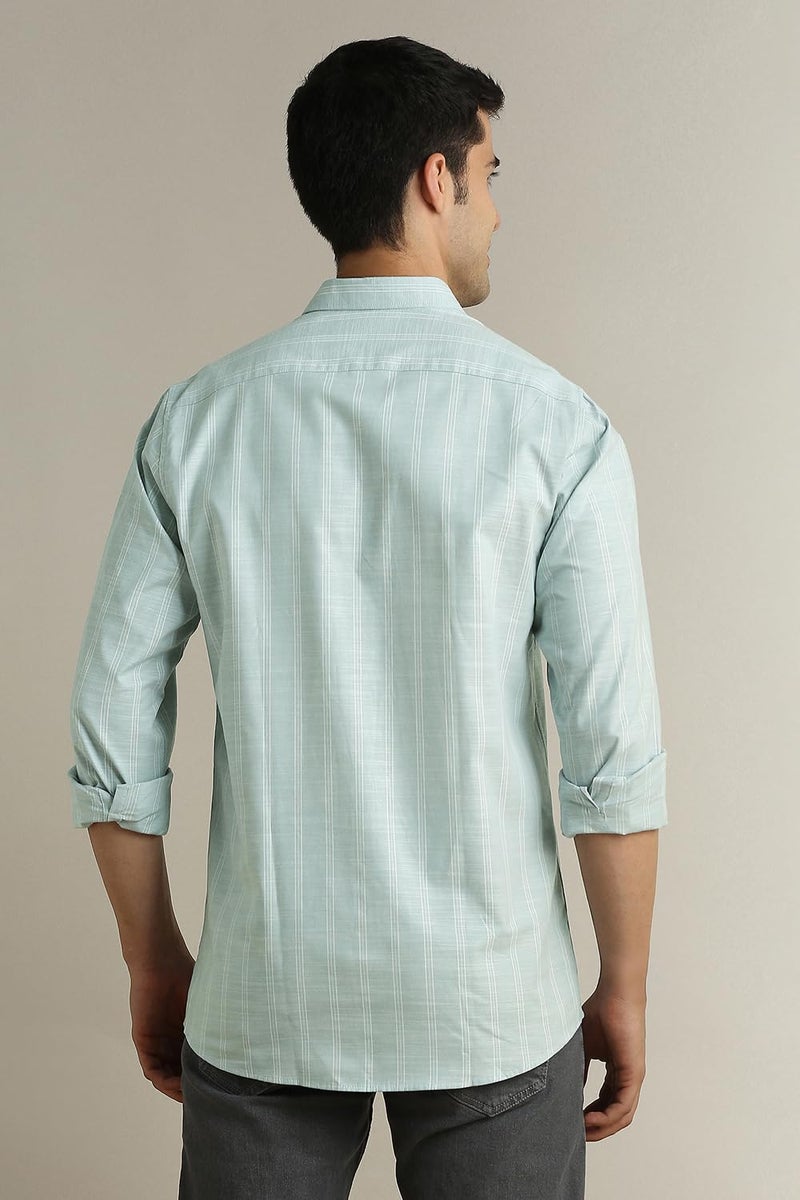 Peter England Men Light Blue Stripe Full Sleeves Casual Shirt - Image 4