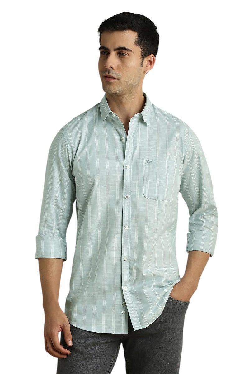 Peter England Men Light Blue Stripe Full Sleeves Casual Shirt - Image 1