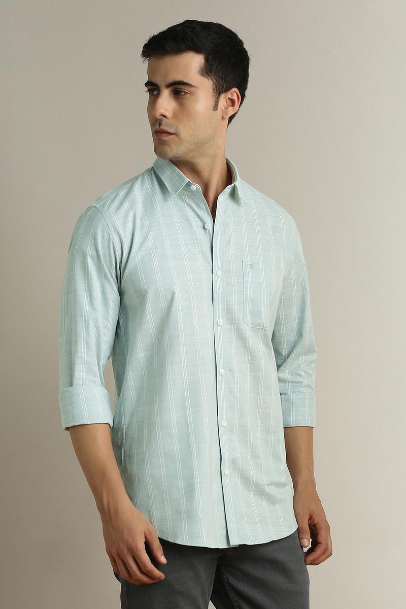Peter England Men Light Blue Stripe Full Sleeves Casual Shirt - Image 3