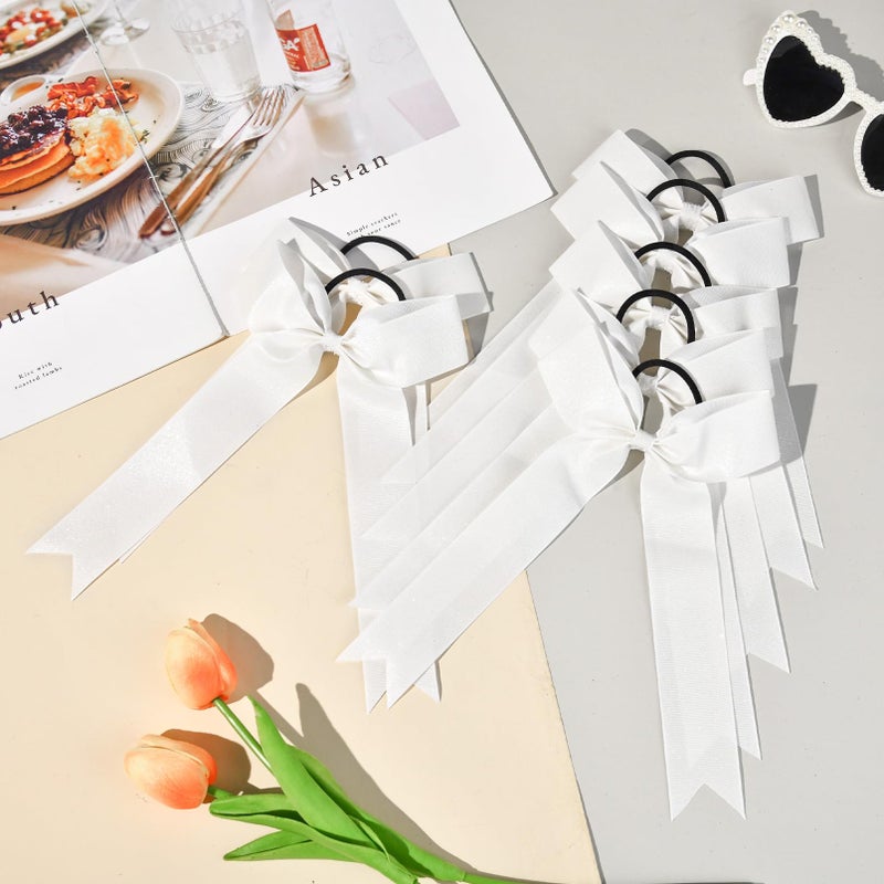 DEEKA 12 PCS Collegiate Style Long Tail Skinny Ponytail Holders - Handmade Bows for Girls, Teens - White - Softball, Cheerleader - Image 5