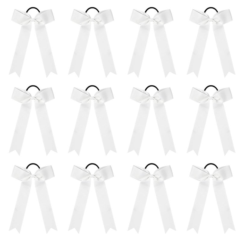 DEEKA 12 PCS Collegiate Style Long Tail Skinny Ponytail Holders - Handmade Bows for Girls, Teens - White - Softball, Cheerleader - Image 1