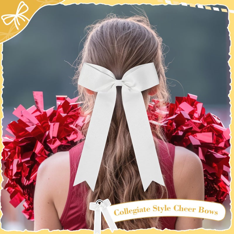 DEEKA 12 PCS Collegiate Style Long Tail Skinny Ponytail Holders - Handmade Bows for Girls, Teens - White - Softball, Cheerleader - Image 4