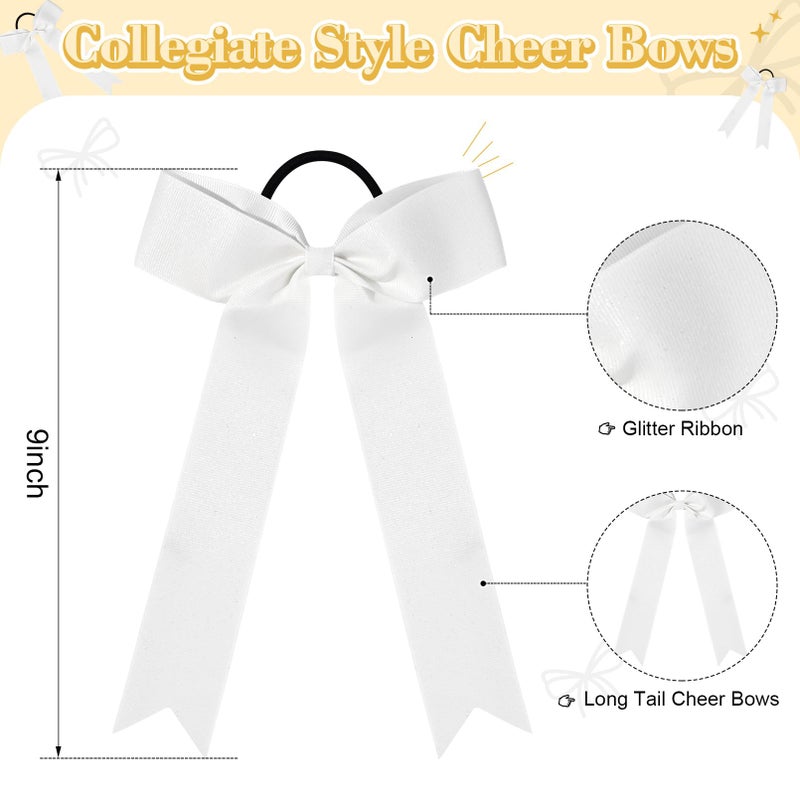 DEEKA 12 PCS Collegiate Style Long Tail Skinny Ponytail Holders - Handmade Bows for Girls, Teens - White - Softball, Cheerleader - Image 2