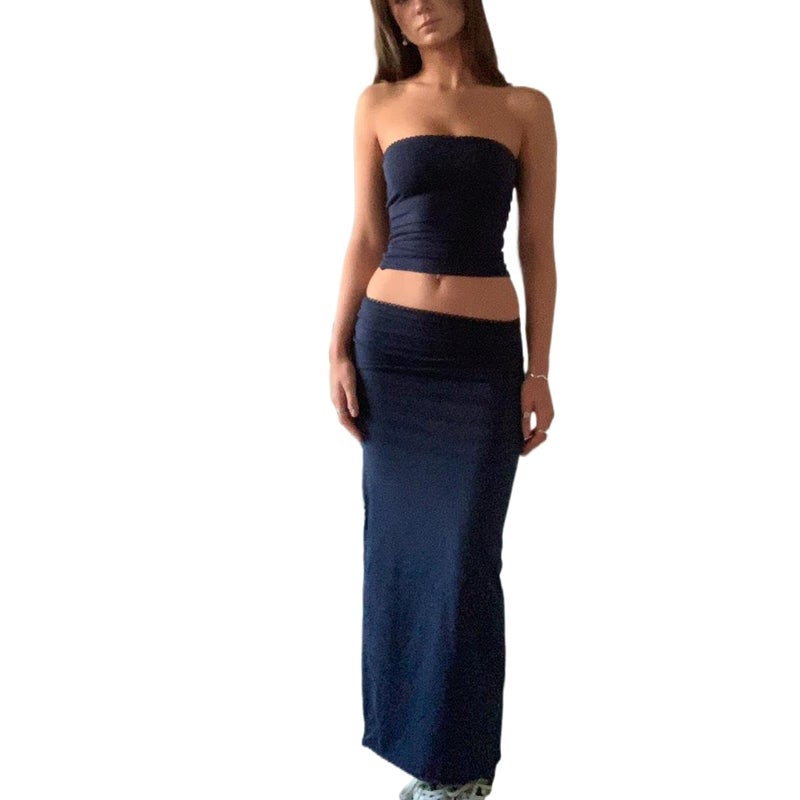 Passec Vintage Lace Maxi Skirt Set Women 2 Piece Outfit Strapless Split Tube Top and Maxi Skirt Set Summer Going Out Streetwear (Tube-Black, S) - Image 1