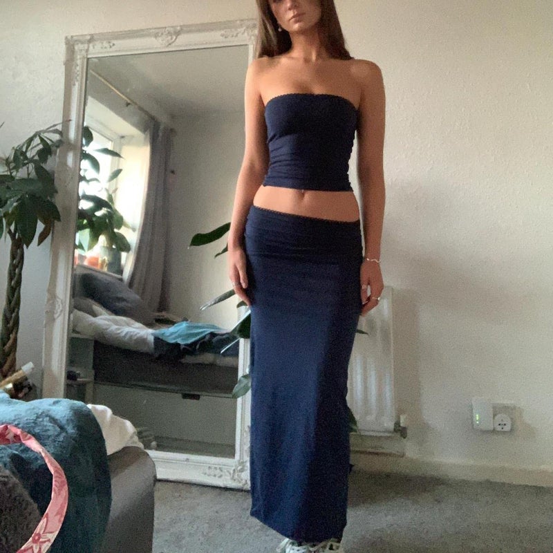 Passec Vintage Lace Maxi Skirt Set Women 2 Piece Outfit Strapless Split Tube Top and Maxi Skirt Set Summer Going Out Streetwear (Tube-Black, S) - Image 2