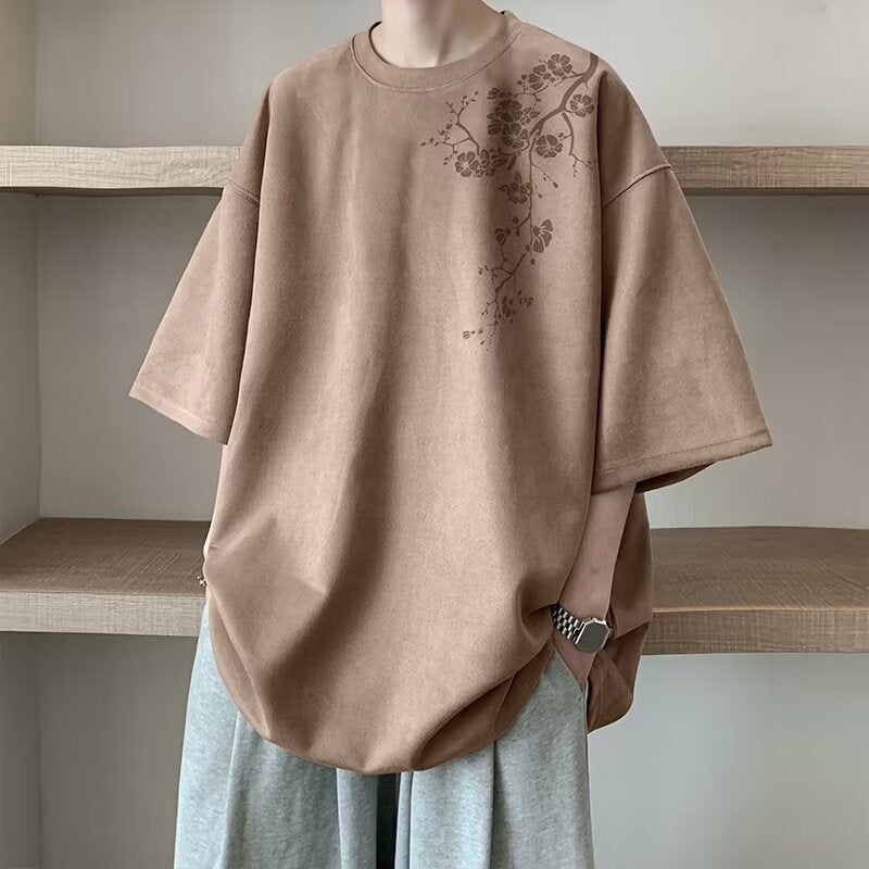 Japanese Style Short-Sleeved T-Shirt Men'S 2025 Round Neck Printed Top Instagram Popular Brand Loose Half-Sleeved T-Shirt