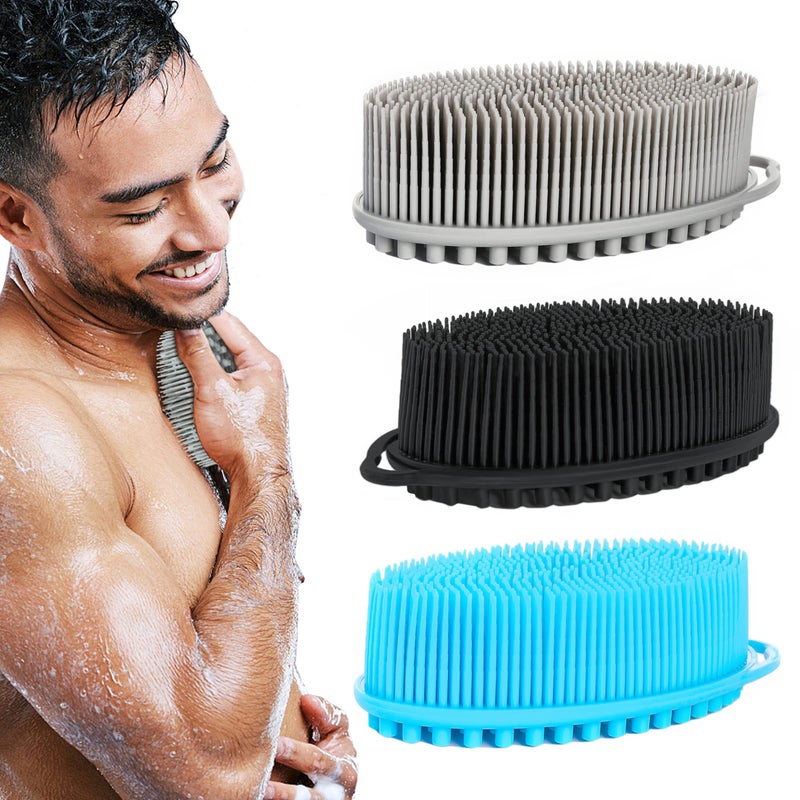 TDHDIKE Silicone Loofah Exfoliating Body Scrubber Set of 3 Soft Bath Sponge/Shower Brush for Sensitive Kids Women Men All Kinds of Skin (Black/Gray/Blue) - Image 1