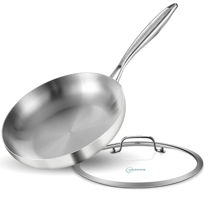 LOLYKITCH 10 Inch Triply Stainless Steel Frying Pan with LidSkilletInduction Cooking PanDishwasher and Oven SafeDetachable Handle