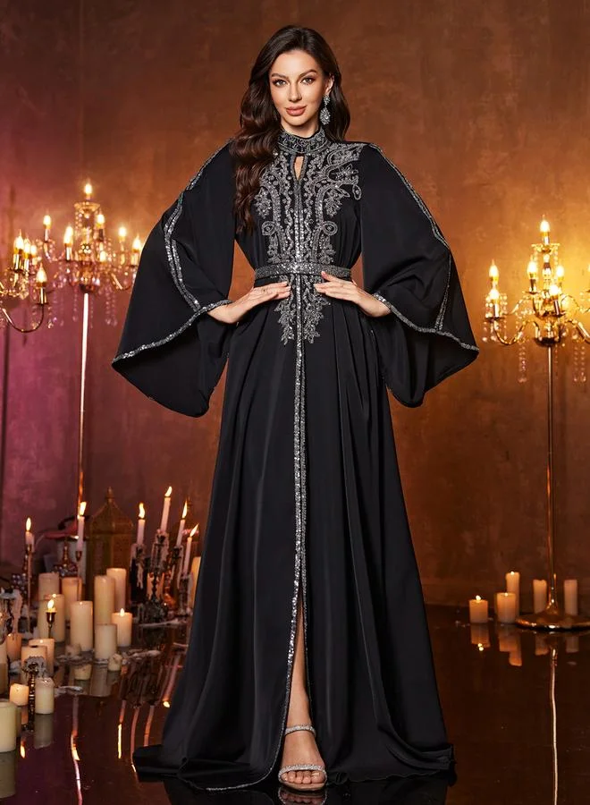 Unithorse Black Sequin Long Sleeves A-Line Maxi Dress