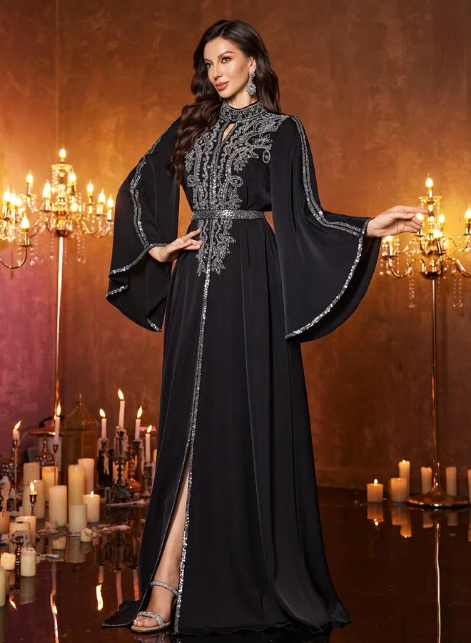 Black Sequin Long Sleeves A-Line Maxi Dress