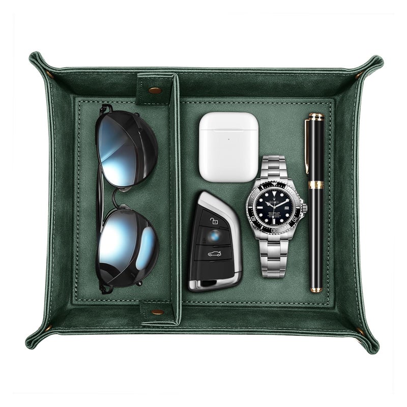 SITHON SITHON Valet Tray Desktop Storage Organizer Removable 2 Compartments Catchall Tray Bedside Vanity Nightstand Caddy Holder Desk Storage Plate Dark Green  - Image 1