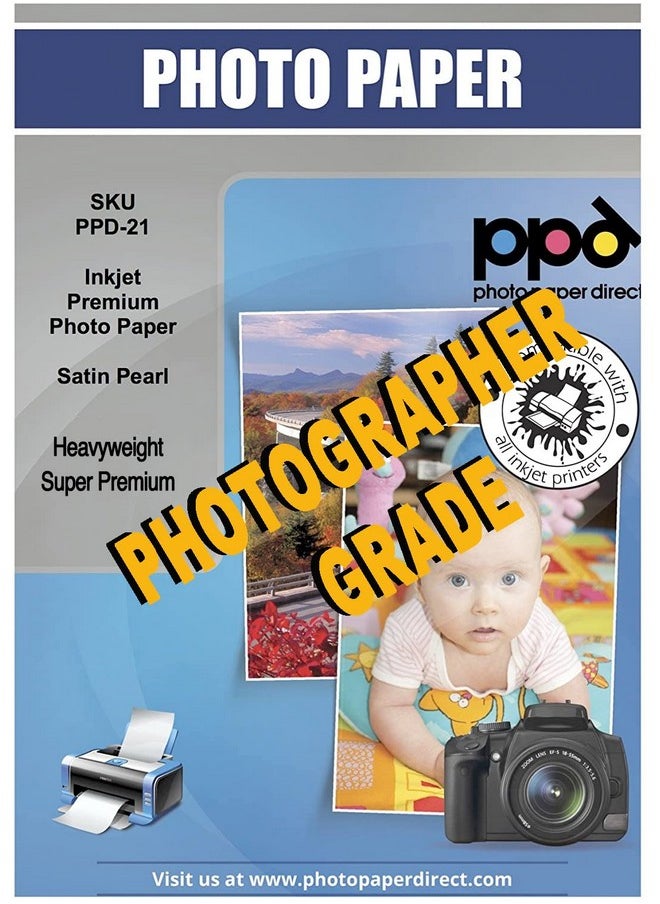 ppd Satin Photo Paper For Inkjet Printer, Premium Semi Gloss Luster Finish 8.5X11 Size Sheets For Printable Photos, Thick 255 Gsm 68 Lbs 10.5 Mil, White, Water Resistant & Instant Dry Prints (50 Pack)  - Image 1