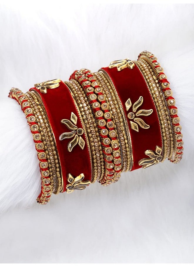Aheli - Matching Floral Velvet Silk Thread Red Chuda Chura Bangle Set Indian Traditional Bridal Fashion Jewelry For Women Girls (Size 2.6) - Image 1