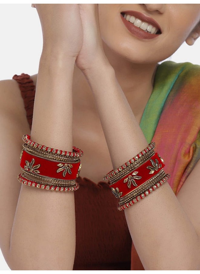 Aheli - Matching Floral Velvet Silk Thread Red Chuda Chura Bangle Set Indian Traditional Bridal Fashion Jewelry For Women Girls (Size 2.6) - Image 1