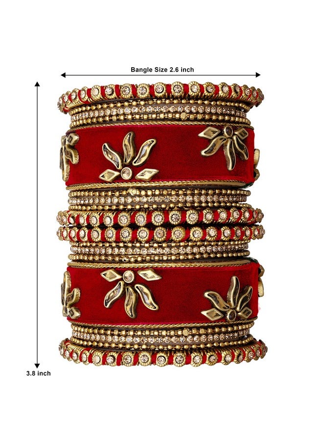 Aheli - Matching Floral Velvet Silk Thread Red Chuda Chura Bangle Set Indian Traditional Bridal Fashion Jewelry For Women Girls (Size 2.6) - Image 1