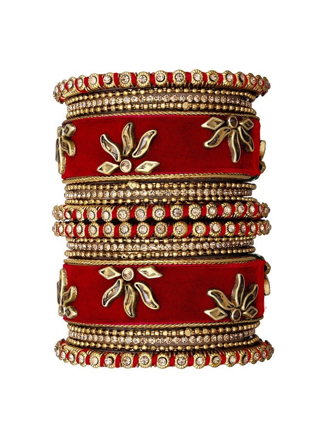 Aheli - Matching Floral Velvet Silk Thread Red Chuda Chura Bangle Set Indian Traditional Bridal Fashion Jewelry For Women Girls (Size 2.6) - Image 1