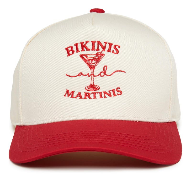 Funky Junque Two Tone Vintage Snapback Hat - Bikinis and Martinis - Red/Beige - Image 1