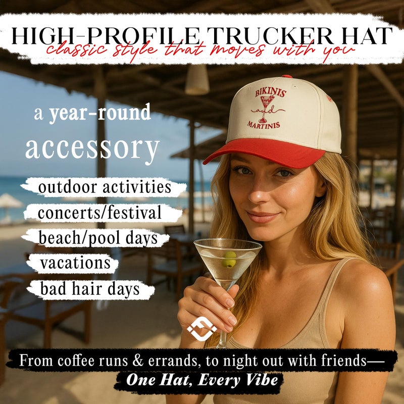 Funky Junque Two Tone Vintage Snapback Hat - Bikinis and Martinis - Red/Beige - Image 4