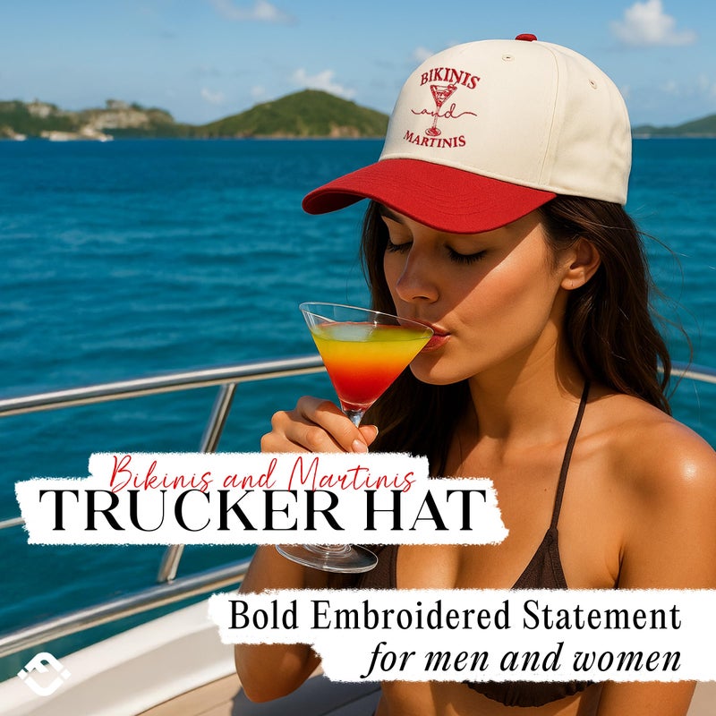 Funky Junque Two Tone Vintage Snapback Hat - Bikinis and Martinis - Red/Beige - Image 2