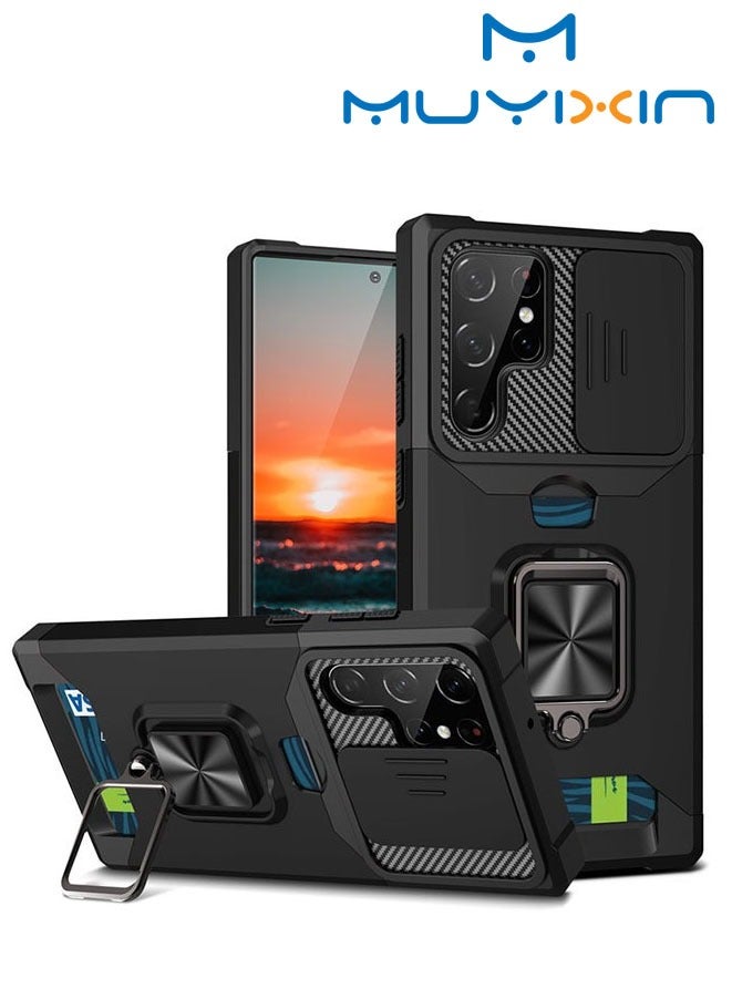 Muyixin حافظة لهاتف سامسونج جالكسي S23 ألترا مع غطاء كاميرا منزلق وحلقة دوارة مدمجة وحامل مائل أسود