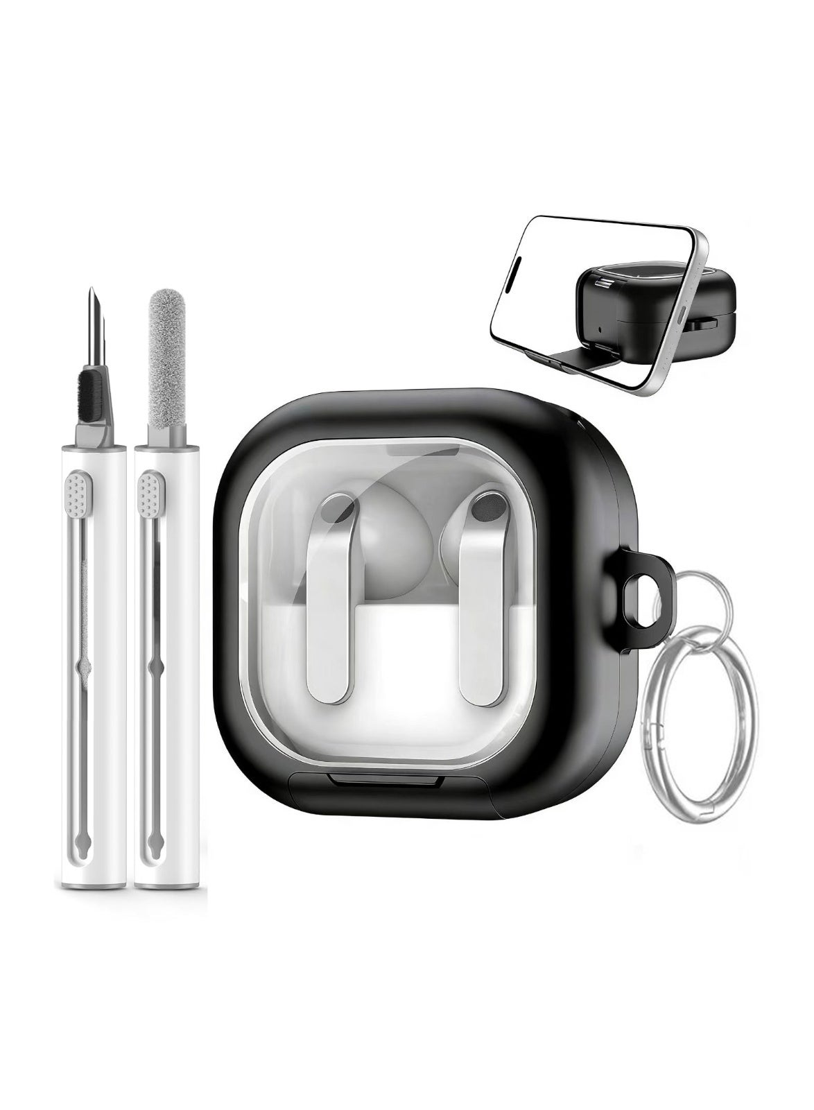 Case Cover for Samsung Galaxy Buds 4 pro/Buds 4 with Secure Lock & Phone Stand,TPU+PC Protective Cover with Keychain and Cleaner Kit,Anti-Yellowing, Black
