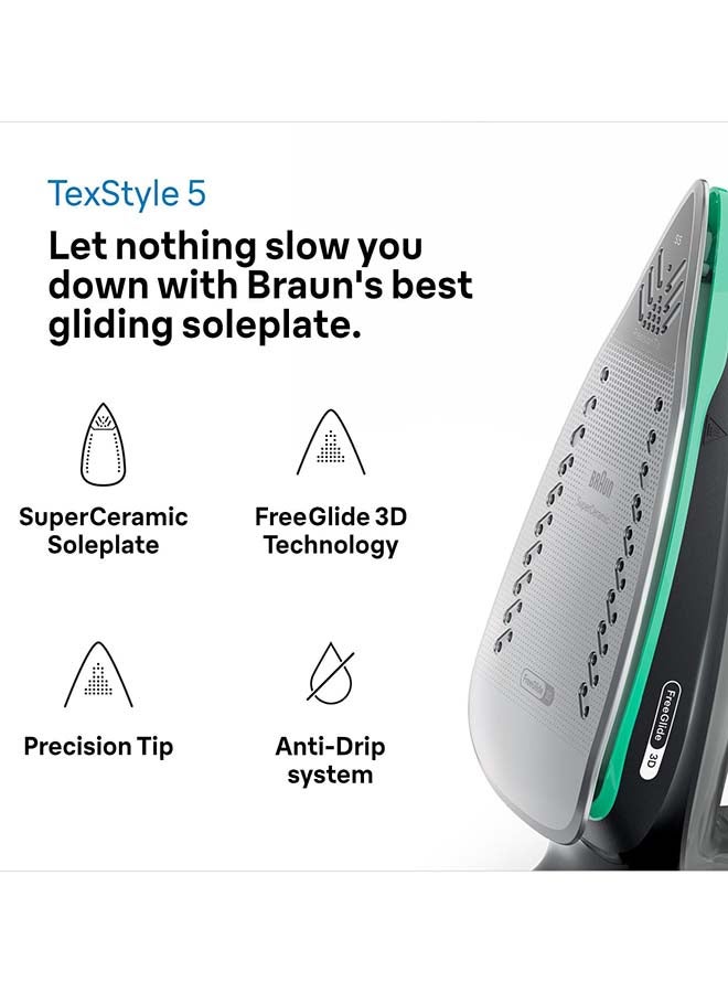 براون مكواة بخار TexStyle 5، معدل البخار: 50 جرام/دقيقة، دفعة بخار: 220 جرام/دقيقة، سعة 300 مل، مع تقنية FreeGlide ثلاثية الأبعاد وبخار عمودي، قاعدة SuperCeramic، تنظيف سريع وسهل، إيقاف تلقائي مع نظام مضاد للتنقيط - Image 2