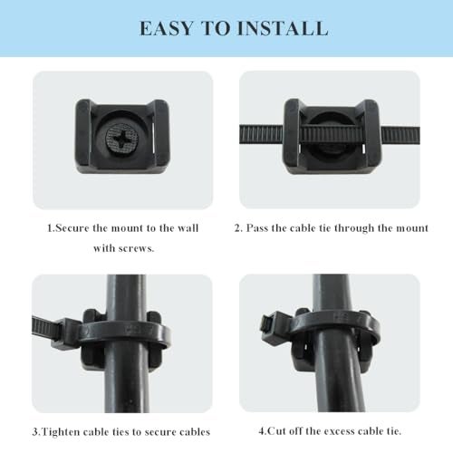 HS Saddle Type Cable Zip Tie Mounts Base Kit with Screw Hole,Set Strong 6 Inch Nylon Cable Ties and Screws Each 100 PCS,Wire Clips Anchor Management Fastener for Baseborad,Wall or Desk,Black - Image 3