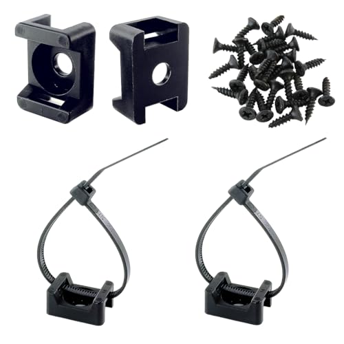 HS Saddle Type Cable Zip Tie Mounts Base Kit with Screw Hole,Set Strong 6 Inch Nylon Cable Ties and Screws Each 100 PCS,Wire Clips Anchor Management Fastener for Baseborad,Wall or Desk,Black - Image 1