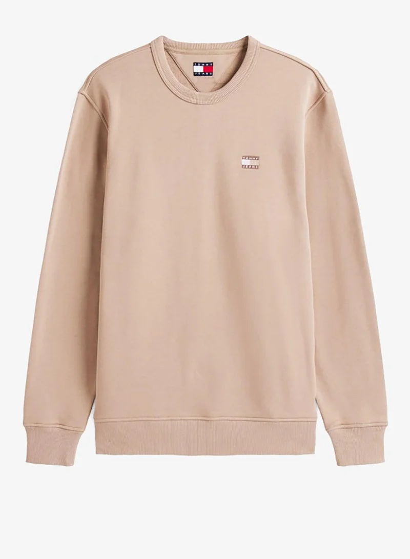 Tommy Jeans Coastal Taupe Tonal Badge Crew Regular Fit Pullover Sweatshirt for Men | Best Price UAE
