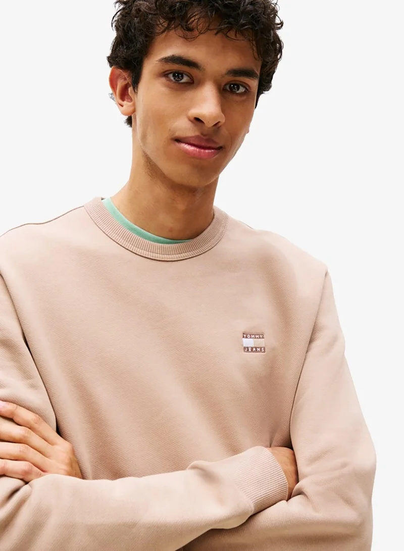 Tommy Jeans Coastal Taupe Tonal Badge Crew Regular Fit Pullover Sweatshirt for Men | Best Price UAE