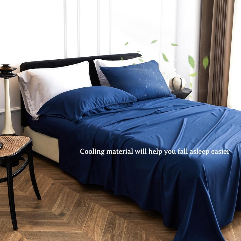 Simple&Opulence 100% Viscose from Bamboo Sheet Set 3Pcs, Cooling for Hot Sleepers, Soft Breathable Bed Sheets Set, 15" (38cm) Deep Pockets, Luxury Hotel Silky Bedding Sheets (Navy,Twin) - Image 4