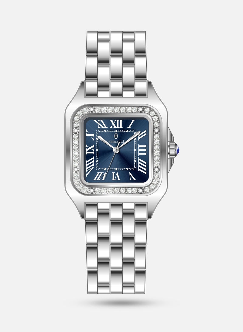 Luxury Women's Watch with Silver Steel Strap and Blue Dial