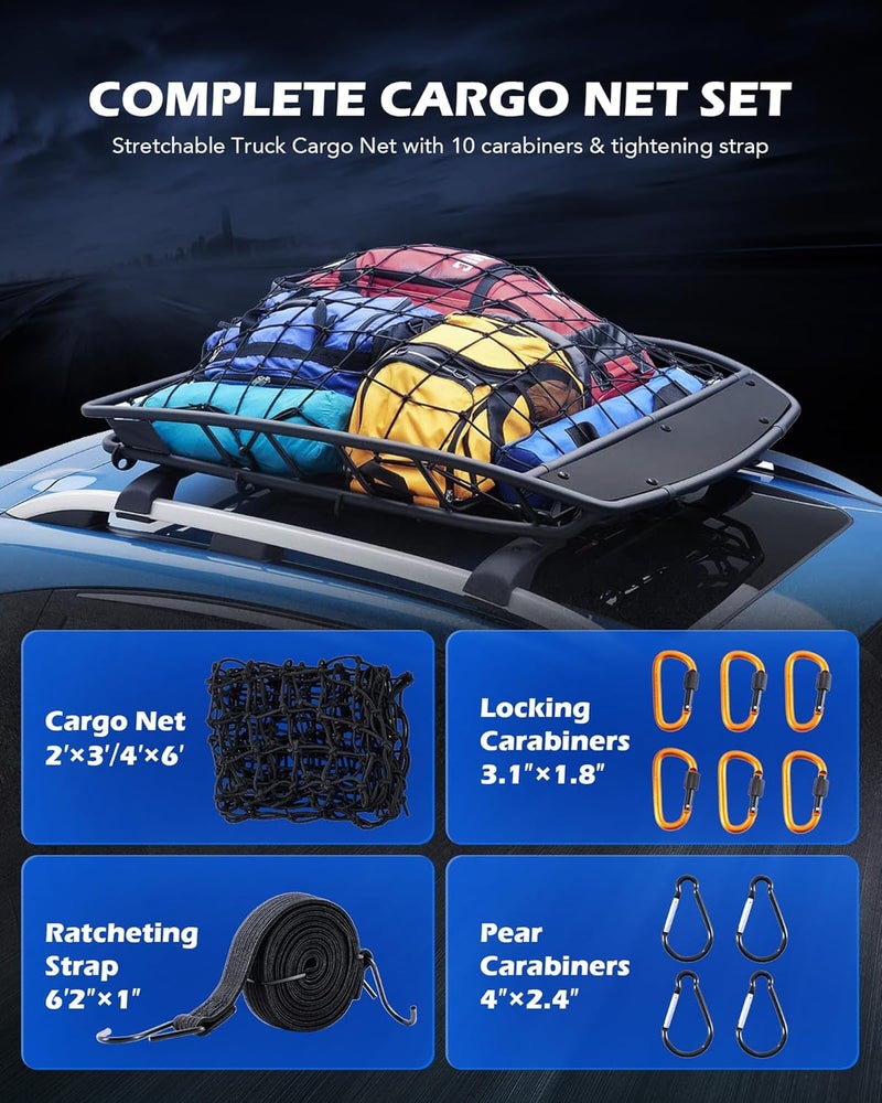 Orion Motor Tech شبكة شحن صغيرة أوريون موتور تيك 2x3 قدم بشبكة صغيرة 2x2 بوصة، شبكة شحن بحجم أقصى 4x6 قدم لسلة حامل السقف للسيارات الرياضية متعددة الاستخدامات مع حلقات تسلق قابلة للقفل وحزام رافعة، شبكة حامل السقف - Image 2