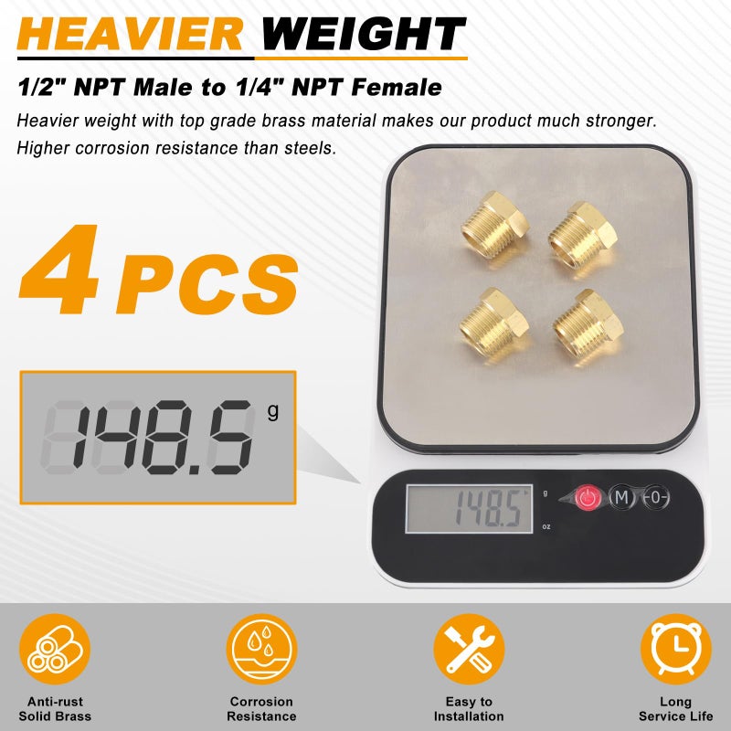 KOOTANS 4pcs Heavy Duty 1/2 NPT Male Thread to 1/4 NPT Female Thread Brass Reducer Hex Bushing Brass Fitting Pipe Hose Tube Adapter Convert - Image 5