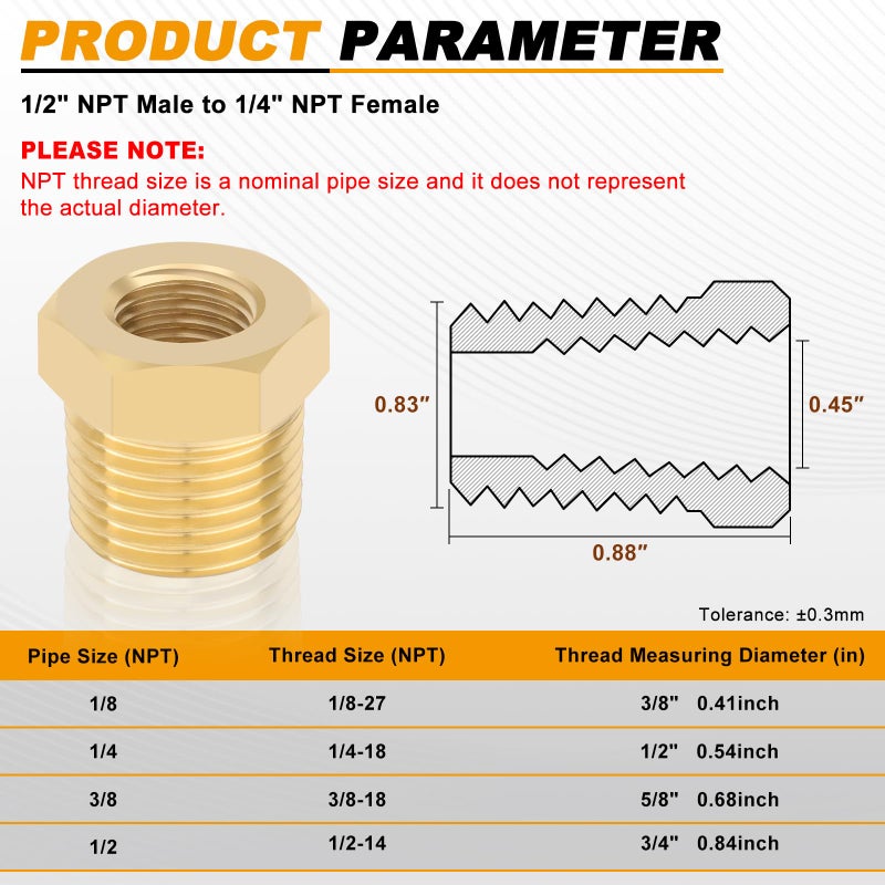 KOOTANS 4pcs Heavy Duty 1/2 NPT Male Thread to 1/4 NPT Female Thread Brass Reducer Hex Bushing Brass Fitting Pipe Hose Tube Adapter Convert - Image 2