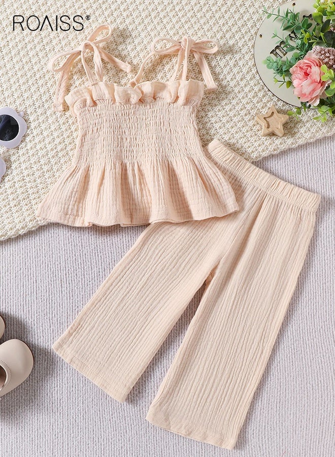 roaiss Girls 2 Piece Solid Outfit, Sleeveless Top and Long Pants Set, Kids Stylish Clothing Set with Spaghetti Strap Camisole and Wide Leg Pants, Perfect Outfit for Summer  - Image 2