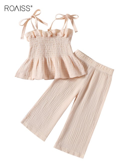 Girls 2 Piece Solid Outfit, Sleeveless Top and Long Pants Set, Kids Stylish Clothing Set with Spaghetti Strap Camisole and Wide Leg Pants, Perfect Outfit for Summer