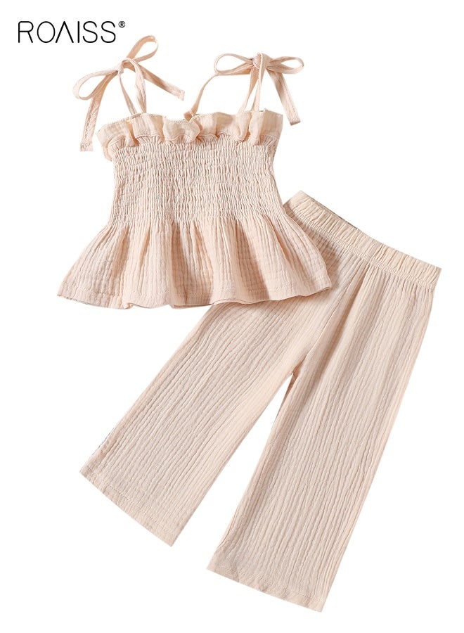 roaiss Girls 2 Piece Solid Outfit, Sleeveless Top and Long Pants Set, Kids Stylish Clothing Set with Spaghetti Strap Camisole and Wide Leg Pants, Perfect Outfit for Summer  - Image 1