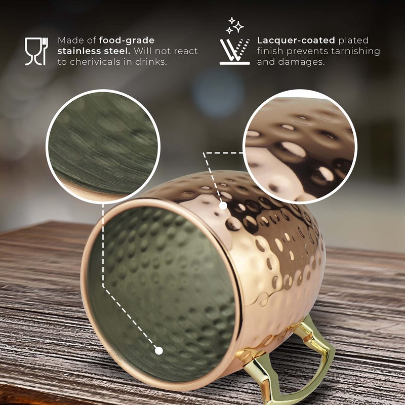 PG Moscow Mule Mugs | Large Size 19 ounces | Set of 4 Hammered Cups | Stainless Steel Lining | Pure Copper Plating | Gold Brass Handles | 3.7 inches Diameter x 4 inches Tall - Image 3
