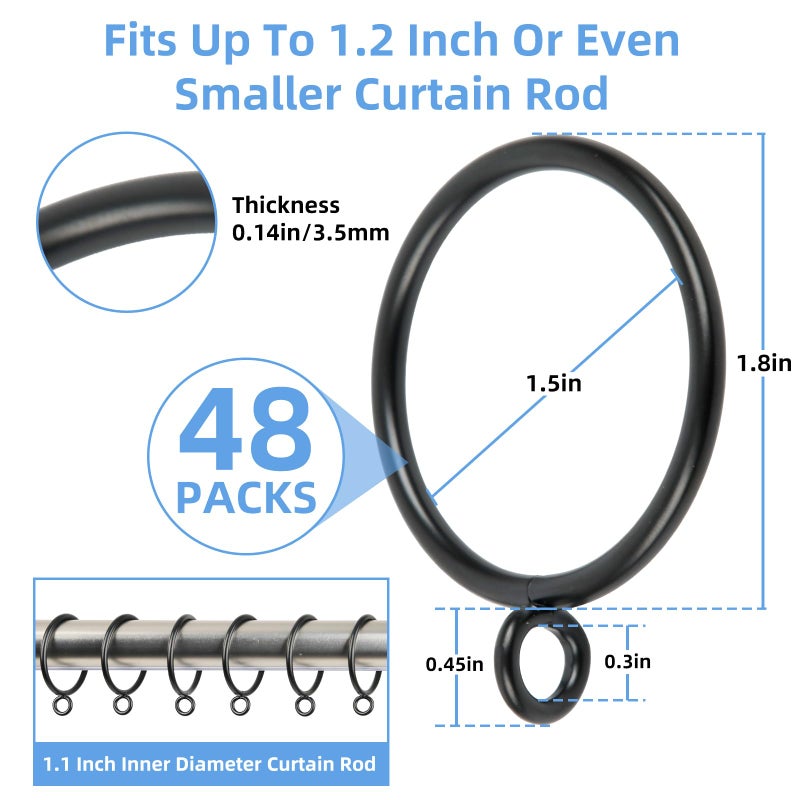 Manysky Curtain Rings with Eyelets, 48 Pack Metal Drapery Rings for Pinch Pleat Curtains Panels, Drape Rings Fits Up to 1.2 in Curtains Rod, 1.5 Inch I D Black - Image 2