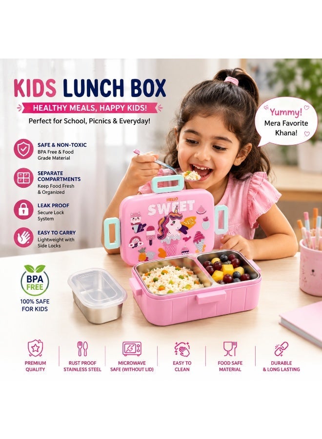 Twisoo Cartoon Print Bento Lunch Box Stainless Steel Tiffin Box with Partition, Leakproof Square Buckle Design 600ml Container + 100ml Steel Bowl - Image 5