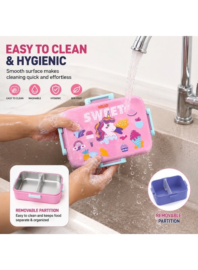 Twisoo Cartoon Print Bento Lunch Box Stainless Steel Tiffin Box with Partition, Leakproof Square Buckle Design 600ml Container + 100ml Steel Bowl - Image 3