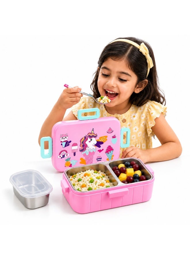 Twisoo Cartoon Print Bento Lunch Box Stainless Steel Tiffin Box with Partition, Leakproof Square Buckle Design 600ml Container + 100ml Steel Bowl - Image 1