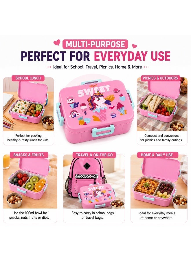 Twisoo Cartoon Print Bento Lunch Box Stainless Steel Tiffin Box with Partition, Leakproof Square Buckle Design 600ml Container + 100ml Steel Bowl - Image 4