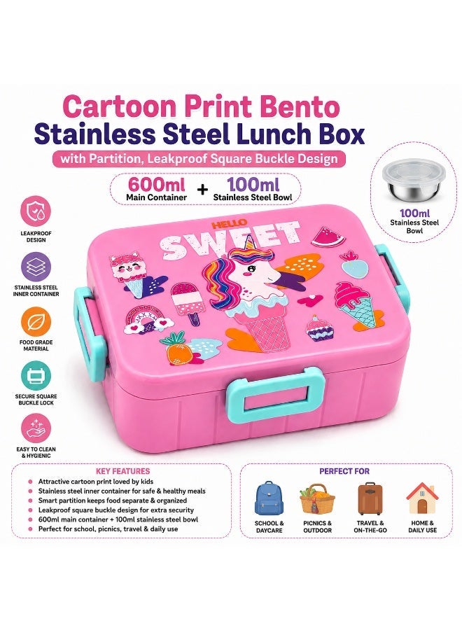 Twisoo Cartoon Print Bento Lunch Box Stainless Steel Tiffin Box with Partition, Leakproof Square Buckle Design 600ml Container + 100ml Steel Bowl - Image 2