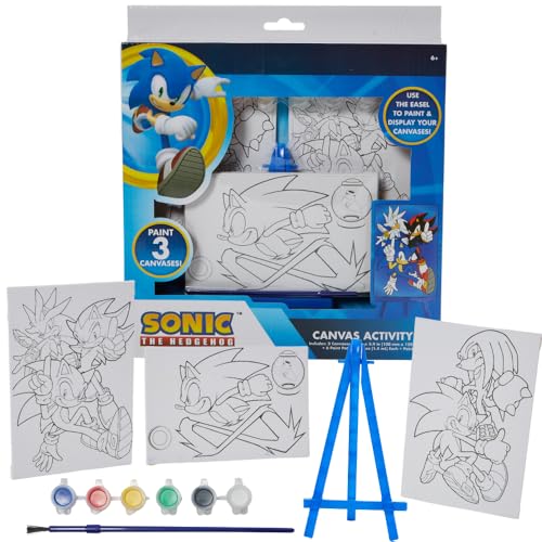 Innovative Designs Sonic The Hedgehog Canvas Paint Set for Kids with 3 Canvases, Acrylic Paint, Paintbrush, & Easel - Image 1